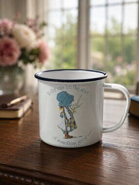 Vintage Holly Hobbie Enamel Mug Blue Rim “Today Can Be The Start” 1970s